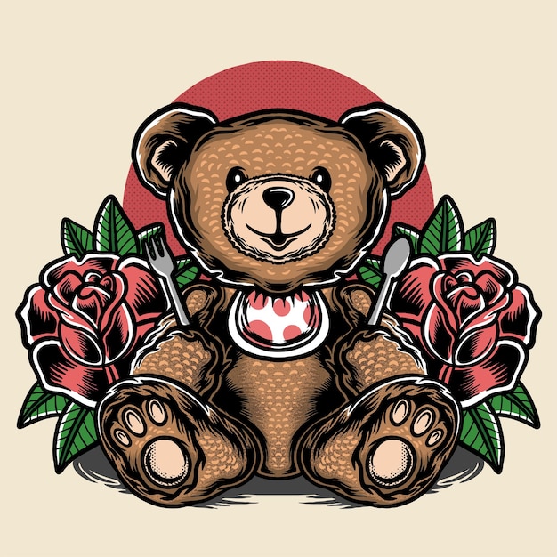 Oso de peluche con baberos y rosas ilustración de fondo