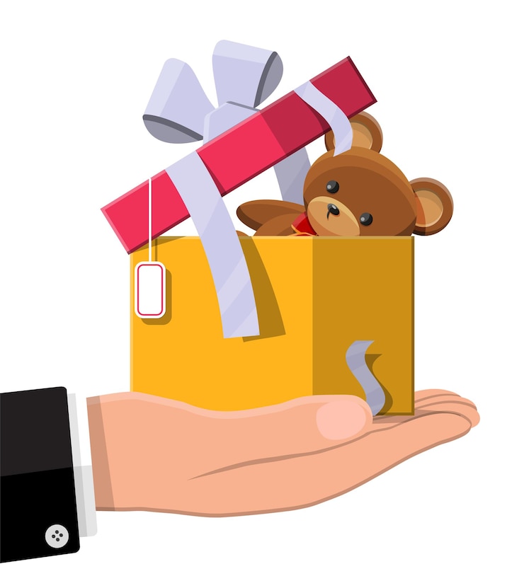 Vector oso de peluche dentro de caja de regalo aislado en blanco