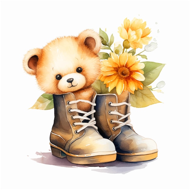 Un oso de peluche dentro de una pintura de acuarela para botas de flores