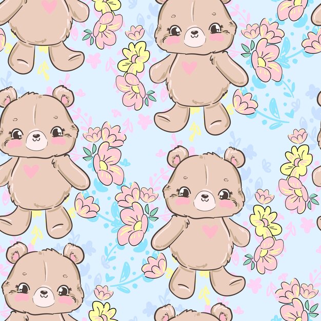 Vector oso de peluche dibujado a mano y patrón de flores sin costuras ilustración vectorial