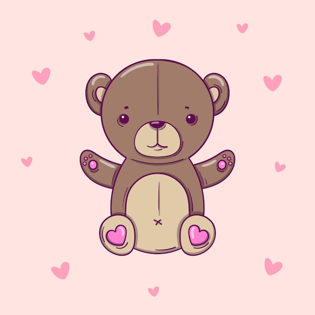 Vector oso de peluche dibujado a mano sobre fondo rosa con corazones