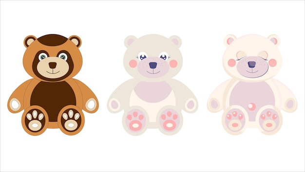 Oso de peluche de dibujos animados blanco marrón Colección de animales de guardería 3 ositos sentados