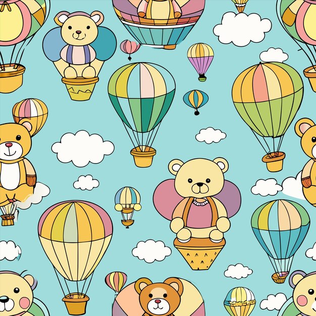 un oso de peluche de dibujos animados está volando en un globo de aire caliente