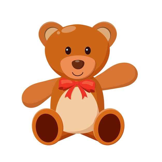 Vector oso de peluche de dibujos animados con lazo rojo oso de peluche icono de oso de peluche aislado sobre fondo blanco ilustración vectorial en estilo plano