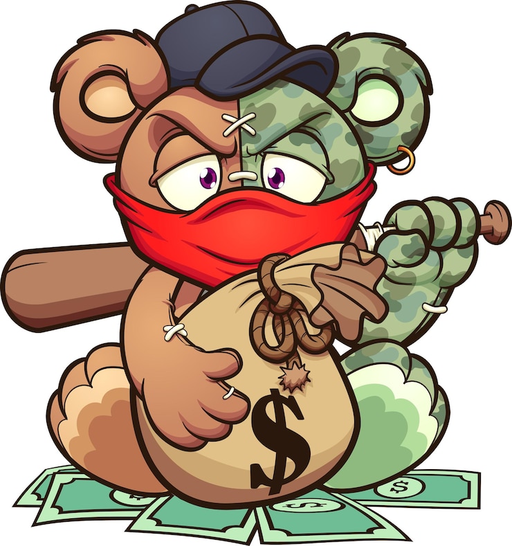 Vector oso de peluche enojado de dibujos animados sosteniendo un bate de béisbol y manteniendo una gran bolsa de dinero