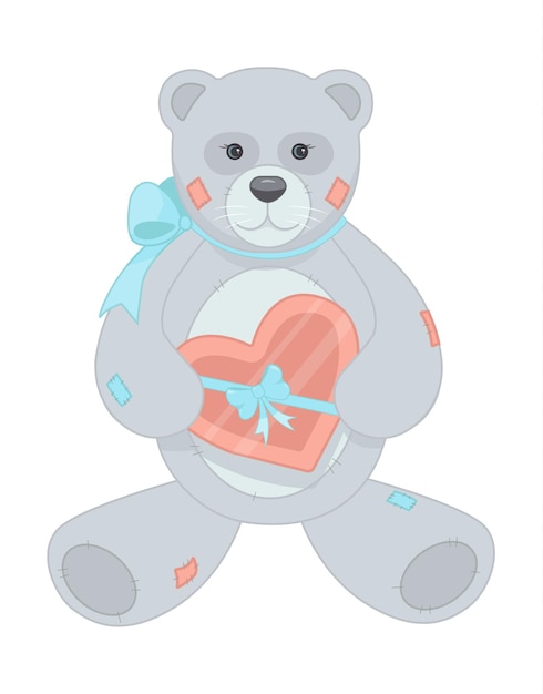 Un oso de peluche con un lazo azul alrededor del cuello sostiene una tarjeta de San Valentín Ilustración vectorial Día de San Valentín El 14 de febrero Amor