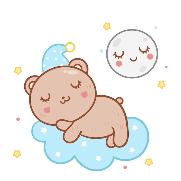 Vector oso de peluche lindo ilustración dormir con la luna