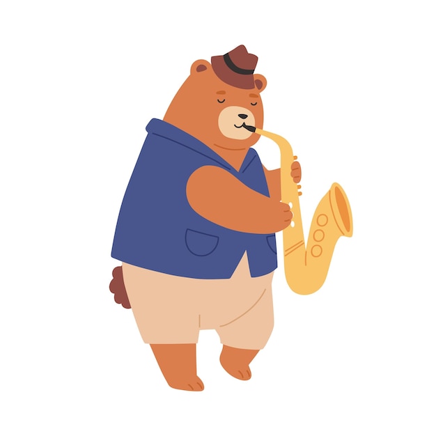 Oso de peluche marrón con sombrero tocando el saxo. lindo músico animal romántico interpretando música de jazz. gracioso personaje infantil con saxofón. ilustración de vector plano coloreado aislado sobre fondo blanco.