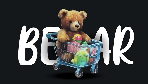 Un oso de peluche monta en un carrito de compras Ilustración vectorial