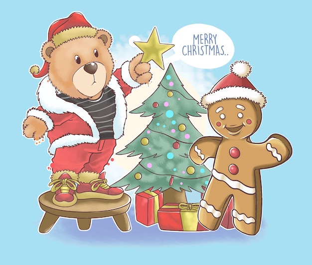 oso de peluche navidad acuarela vector santa claus y pan de jengibre