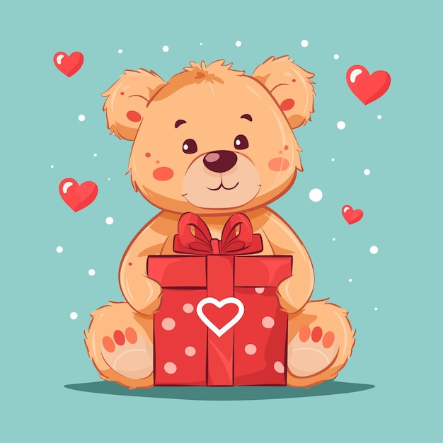 Vector oso de peluche sentado con una caja de regalos envuelta