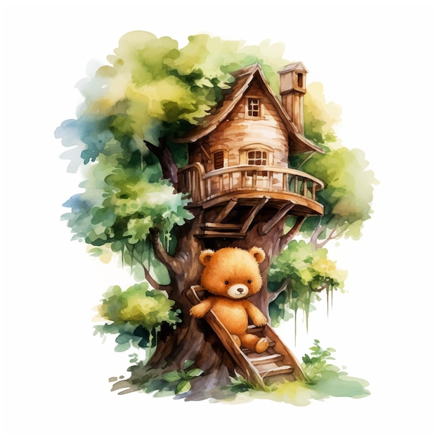 Un oso de peluche sentado en las escaleras de una casa de árbol pintado en acuarela