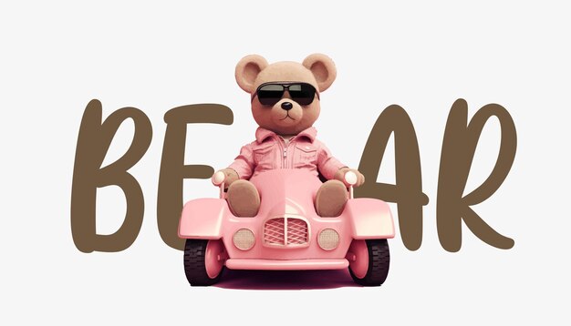 El oso de peluche se sienta en un coche deportivo con gafas de sol estilo minimalista Ilustración vectorial