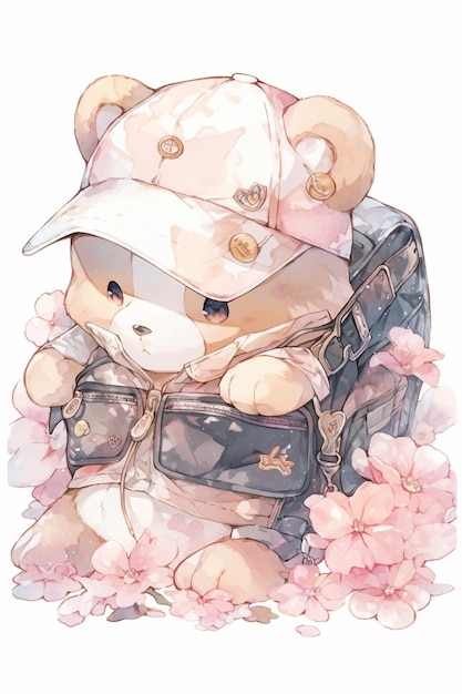 Un oso de peluche con sombrero se sienta en una mochila con flores en el fondo.