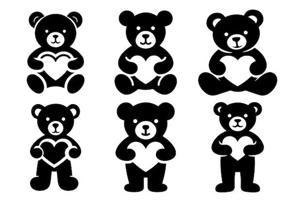 Un oso de peluche sosteniendo una silueta de corazón Conjunto de ilustraciones vectoriales