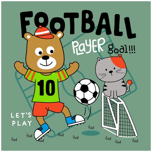 Oso y pequeño gato jugando al fútbol dibujos animados de animales divertidos