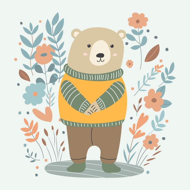 Oso en personajes de fondo de flores en estilo plano aislado