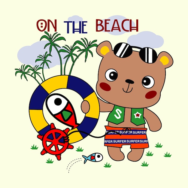 Vector oso en la playa diseño de dibujos animados ilustración vectorial para imprimir