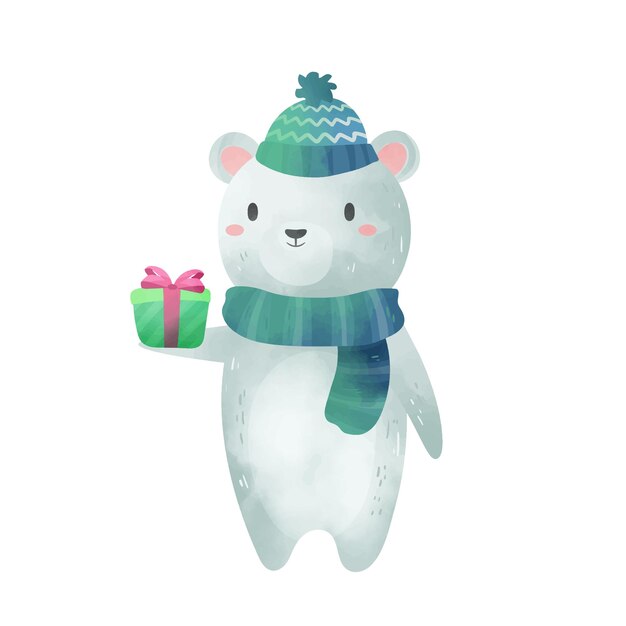 Oso polar de Año Nuevo con un regalo.