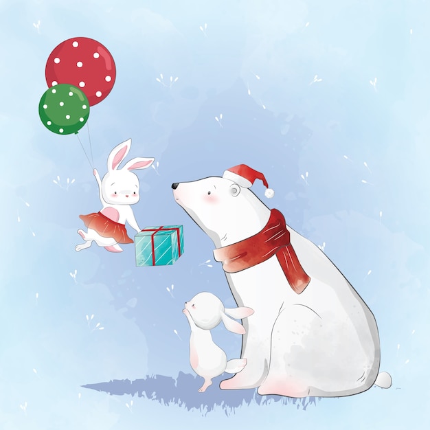 Oso polar y el conejito recibiendo un regalo de navidad