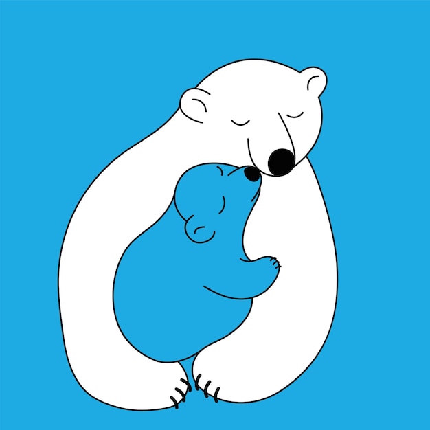 El oso polar dibujado a mano abraza a un osito azul, contorno negro, fondo azul