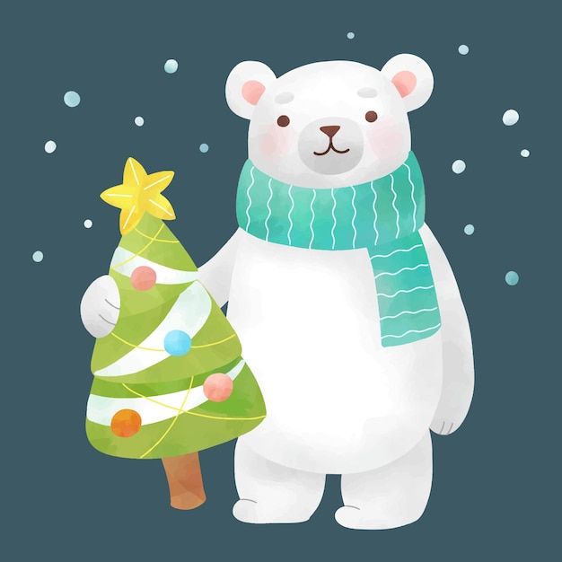 Oso polar dibujado a mano acuarela con árbol de navidad