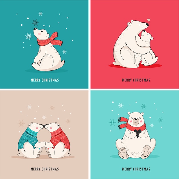 Vector oso polar dibujado a mano, lindo oso, osos madre y bebé, par de osos. saludos feliz navidad con osos