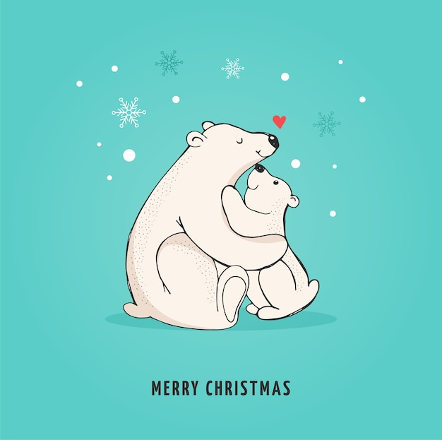 Oso polar dibujado a mano, lindo oso, osos madre y bebé, par de osos.