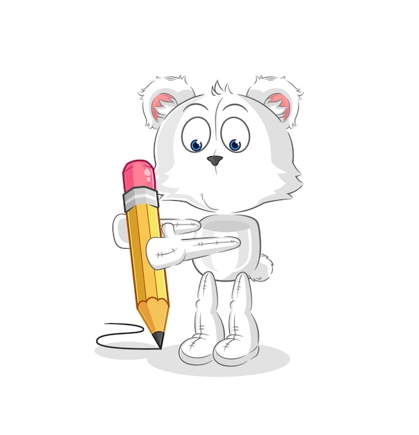 Oso polar escribir con vector de mascota de dibujos animados de lápiz