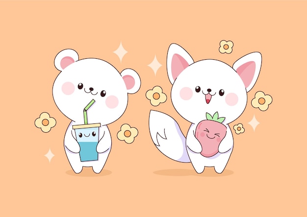 Oso polar y gato blanco al estilo kawaii