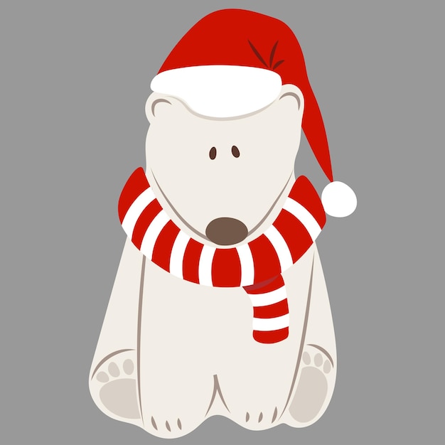 Oso polar con gorro de Papá Noel y bufanda en imágenes prediseñadas festivas de fondo gris para Navidad o tarjeta de año nuevo