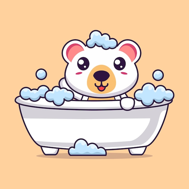 Un oso polar lindo bañándose en una bañera llena de espuma