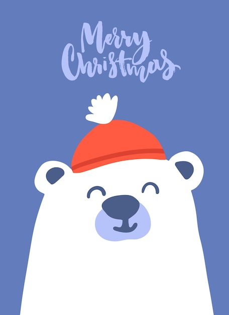 Oso polar de Navidad en sombrero rojo de Papá Noel diseño de tarjeta de felicitación lindo sobre fondo azul