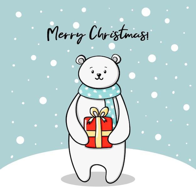 Oso polar con un regalo de Navidad Tarjeta de año nuevo para niños con un lindo oso blanco y nieve en garabato