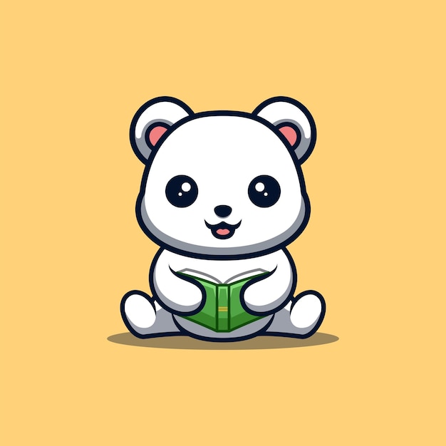 Oso polar sentado leyendo libro cute creative kawaii cartoon mascot logo