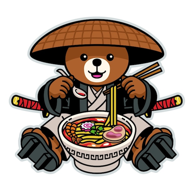 Oso samurai personaje comiendo fideos ramen