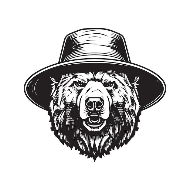 Oso con sombrero de cubo vintage logo concepto blanco y negro color dibujado a mano ilustración