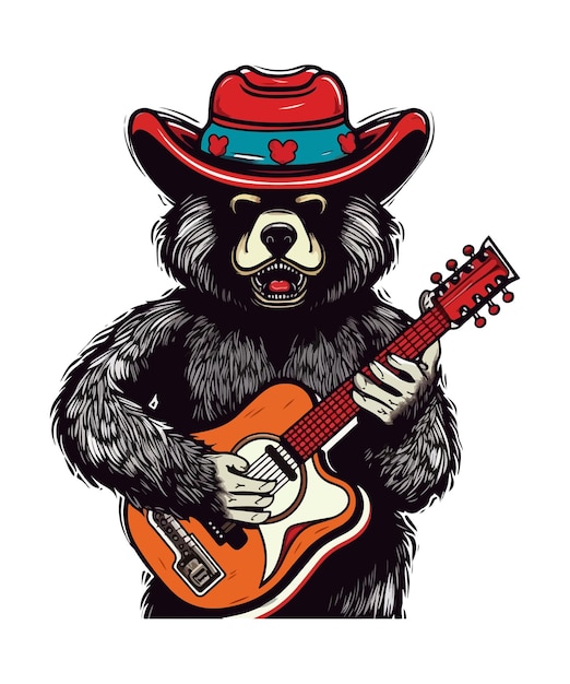 Oso con un sombrero mexicano con una guitarra clip art dibujos animados carácter vector ilustración