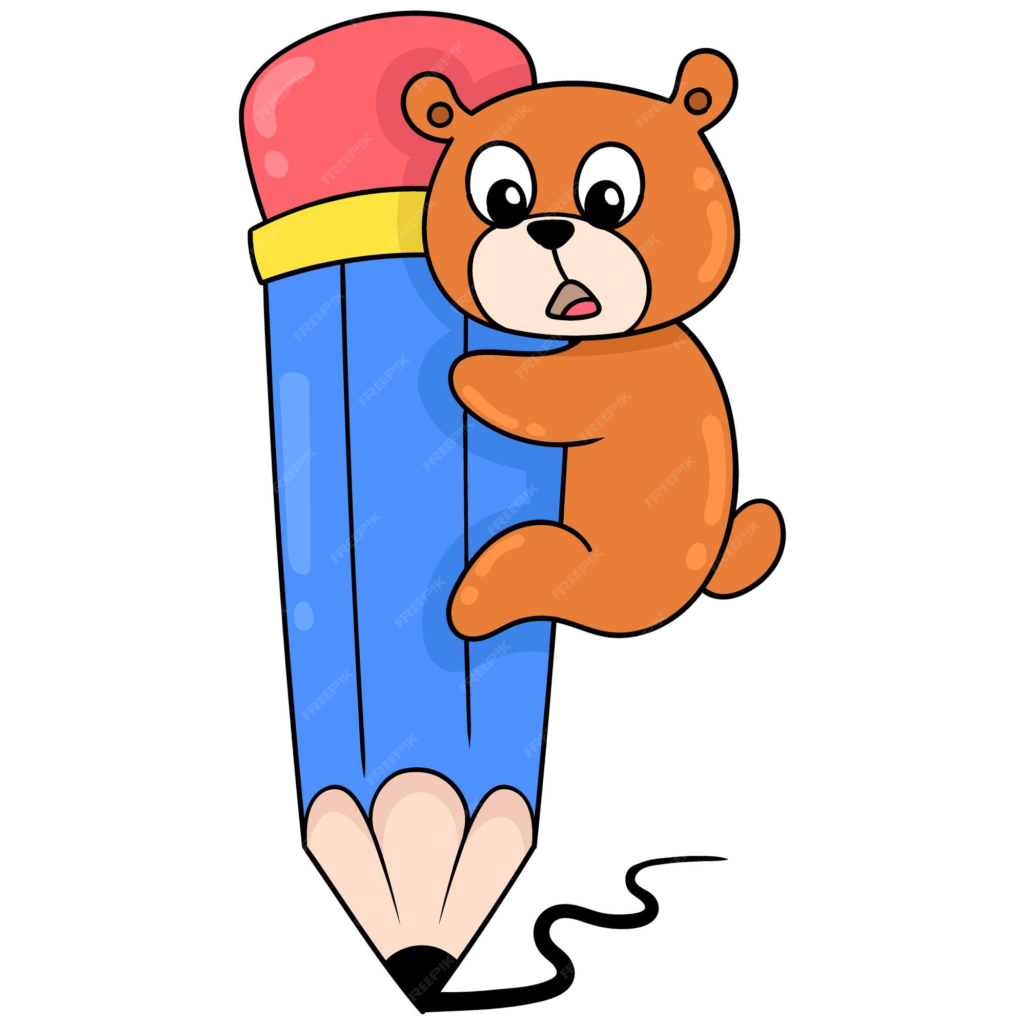 Oso sosteniendo un lápiz grande para dibujar, arte de ilustración  vectorial. imagen de icono de doodle kawaii. | Vector Premium