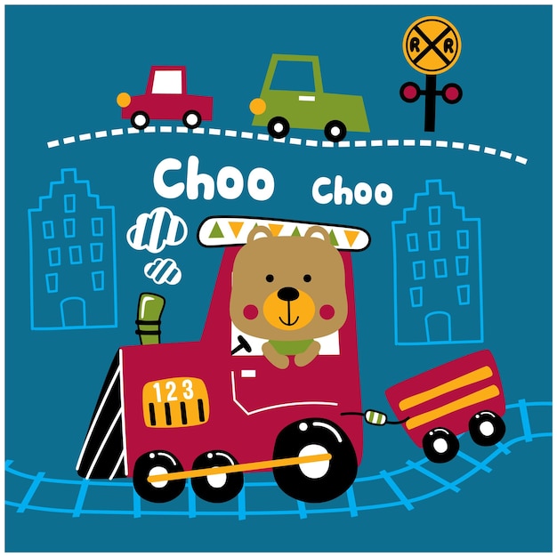 oso en el tren, divertido, animal, caricatura