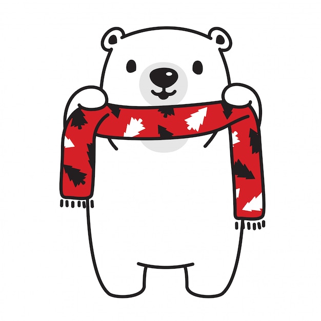 Oso vector de dibujos animados de la bufanda del árbol de Navidad oso polar