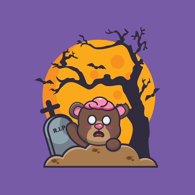 oso zombie subida del cementerio linda ilustración de dibujos animados de halloween