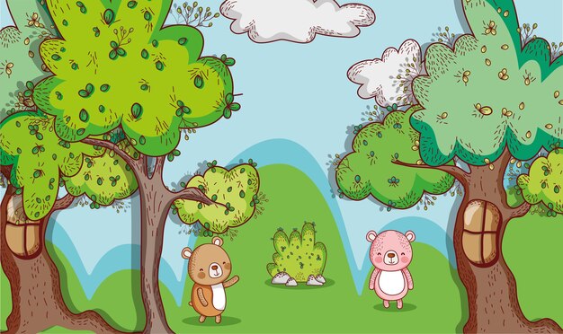 Osos en el bosque doodle dibujos animados