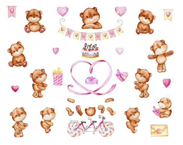 Vector osos, corazón, regalos, tarta, guirnalda, bicicleta. conjunto de acuarela, san, san valentín