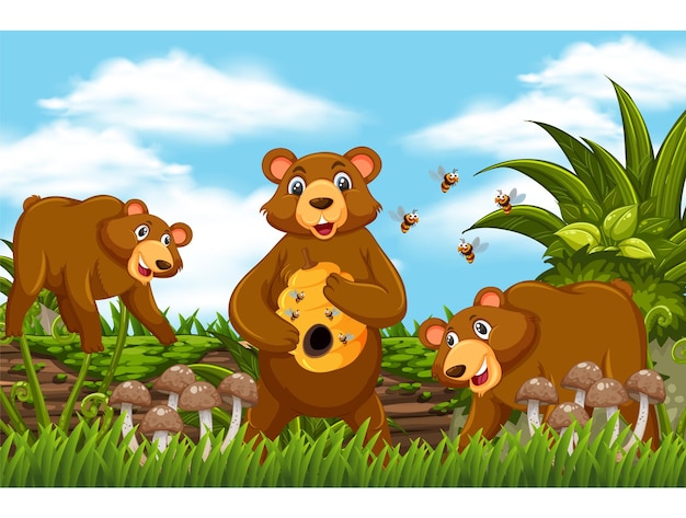 Osos disfrutando de un panal en un bosque soleado con abejas