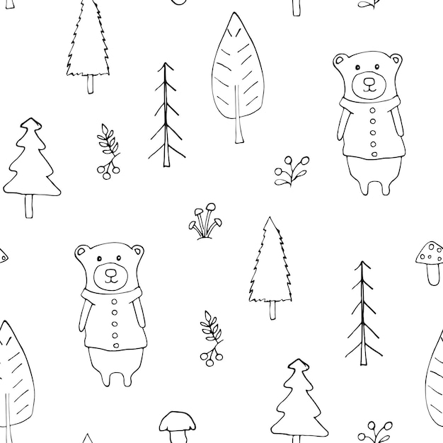 Osos lindos Patrón sin costuras Animales de dibujos animados en el fondo del bosque Ilustración vectorial