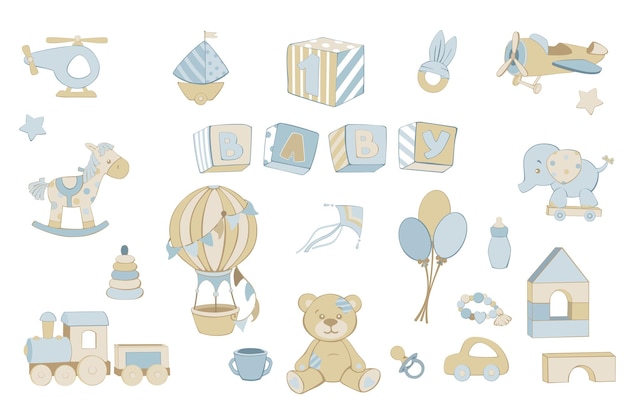 Osos de peluche, caballos, elefantes, trenes, globos, aviones, juegos vectoriales, juguetes dibujados a mano en delicados colores azul y beige.