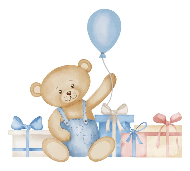Vector osos de peluche con globos y cajas de regalos ilustración en acuarela de animales lindos y regalos para tarjetas de felicitación de la ducha de bebé o invitación a la fiesta de cumpleaños dibujo para diseño infantil en colores pastel