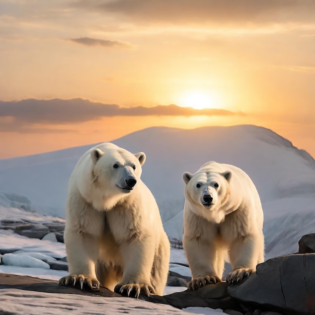 Osos polares con crías gemelas caminando a través de la capa de hielo marino cerca de Phippsya en una mañana de verano