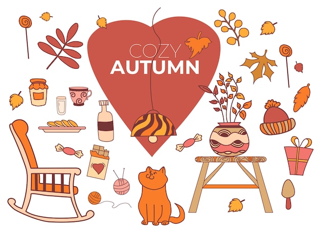 Otoño acogedor Conjunto de dibujos otoñales Hojas de gato champiñones dulces chocolates y platos decoración otoñal